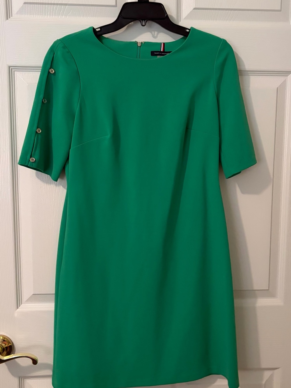Tommy Hilfiger Emerald Green Shift Dress with Button-Trim Sleeves